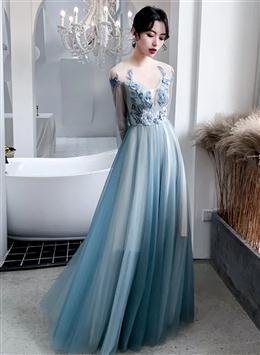 Picture of Blue Long Sleeves Tulle Party Dresses with Lace Applique, Blue Evening Dresses Prom Dress